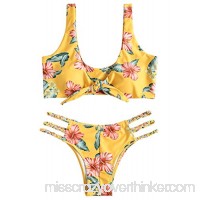 ZAFUL Women Tie Knotted Front High Cut Brazilian Thong 2PCS Bikini Sets Swimsuit Yellow B07F9145QC
